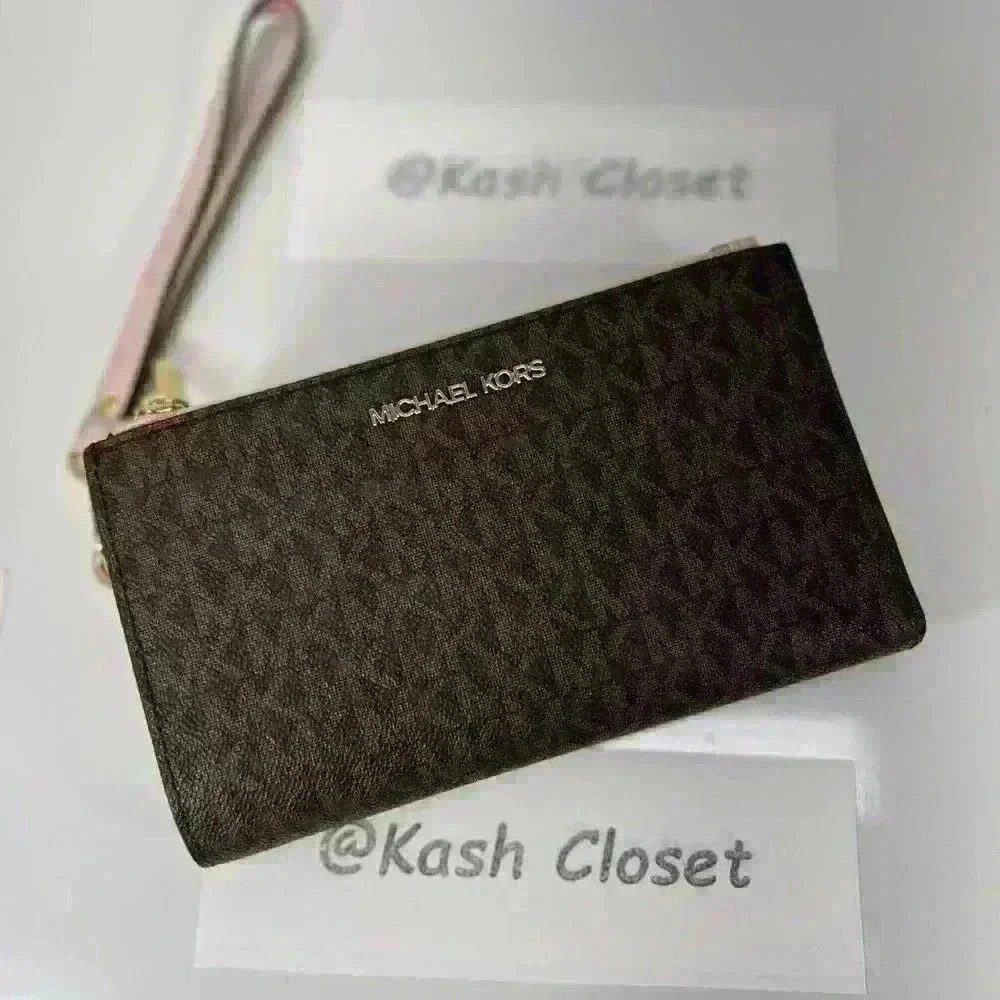 Michael Kors Double Zip Wristlet Large Wallet MK Signature PowderBlush Brown - Picture 2 of 8